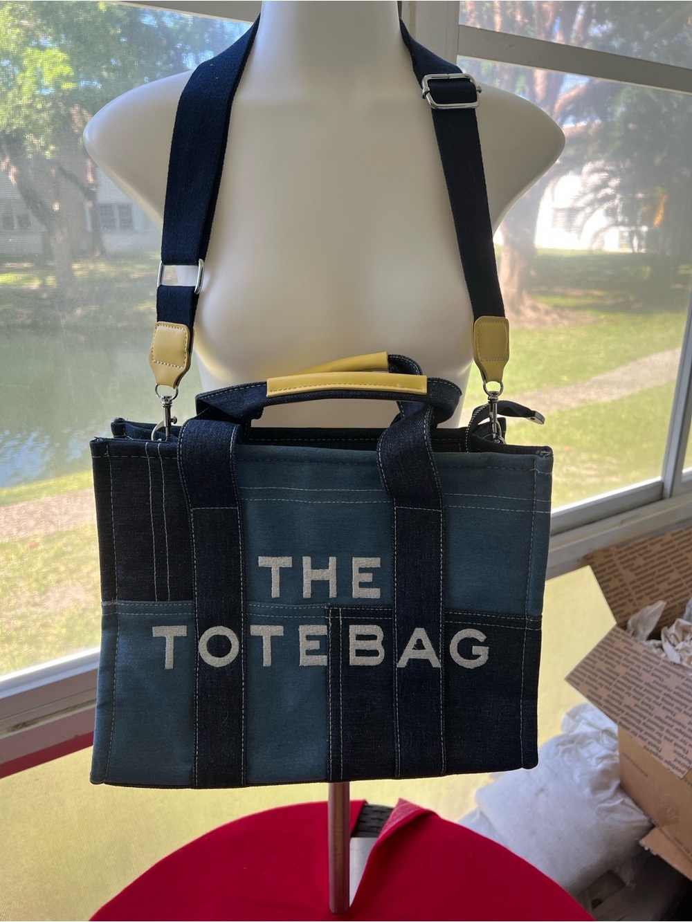 Canvas Shoulder Tote in Blue and Black